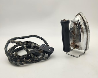 Vintage Chrome Travel Iron with Detachable Cloth Cord and Kickstand Retro MCM