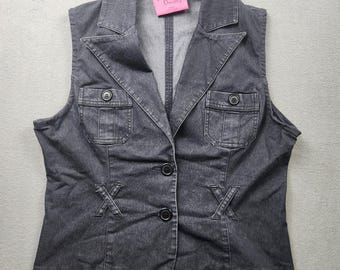 Vintage Carols Denims Womens Black Cotton Button Front Denim Vest Size M