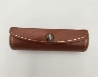 Vintage Italienisch Braun Leder Lippenstift Fall Spiegel Fleur-de-lis Brevettato Italien