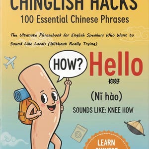 May include: A book cover titled "CHINGLISH HACKS" with the subtitle "100 Essential Chinese Phrases." The cover features a cartoon character holding a speech bubble with "HOW?" and the word "Hello" in red. The book promises to teach Chinese phrases.