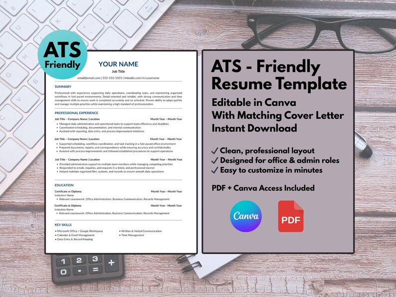 ATS Friendly Resume Template | Editable Canva Office Admin CV (instant ...