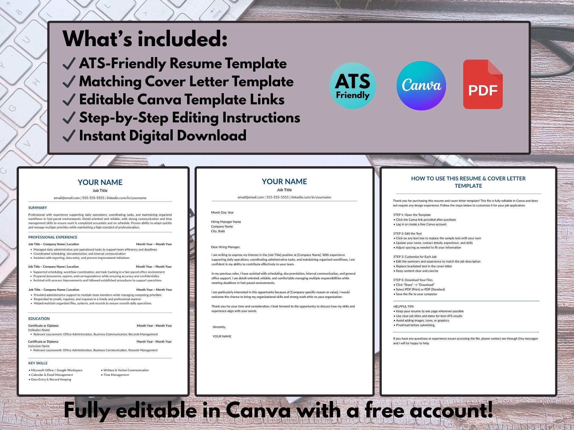 ATS Friendly Resume Template | Editable Canva Office Admin CV (instant ...