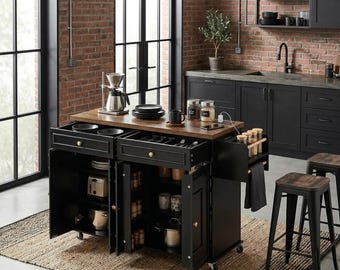 Rolling Kitchen Island Cart with Drop Leaf, Storage Cabinets, Drawers, Spice Rack