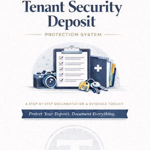 May include: Illustration of a tenant security deposit protection system. The image includes a clipboard with checkmarks, a camera, keys, and a folder. Text reads "Tenant Security Deposit" and "Protect Your Deposit. Document Everything."