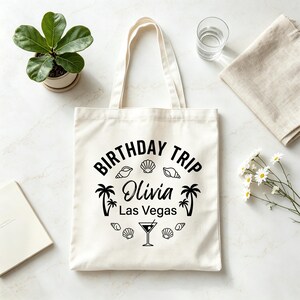 Custom name canvas trip bag, Summer beach bag, Bridesmaid squad travel gift, Vacation souvenir carryall, Personalize birthday gift to her