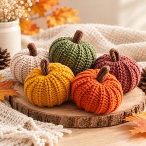 May include: A collection of five small, round, crocheted pumpkins in shades of cream, olive green, mustard yellow, orange, and maroon. Each pumpkin features a textured, ribbed knit pattern and a small, brown, upright crocheted stem.