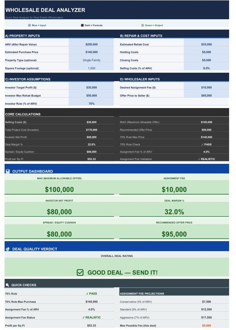 Wholesale Deal Analyzer Spreadsheet | Real Estate Investor Calculator ...