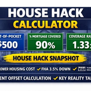 May include: A graphic with the text "HOUSE HACK CALCULATOR" and key financial metrics: Out-of-Pocket $500, % Mortgage Covered 90%, and Coverage Ratio 1.33x. Additional text includes "HOUSE HACK SNAPSHOT" and bullet points.