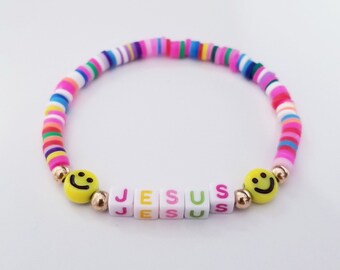 Custom word thin bracelet/ Custom name or initials Bracelet/ Gift for her/ Clay disc beads/ Single Bracelet/ 4mm Square Letter Bead