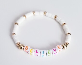 Custom word thin bracelet/ Custom name or initials Bracelet/ Gift for her/ Clay disc beads/ 4mm Square Letter Bead/ Single Bracelet