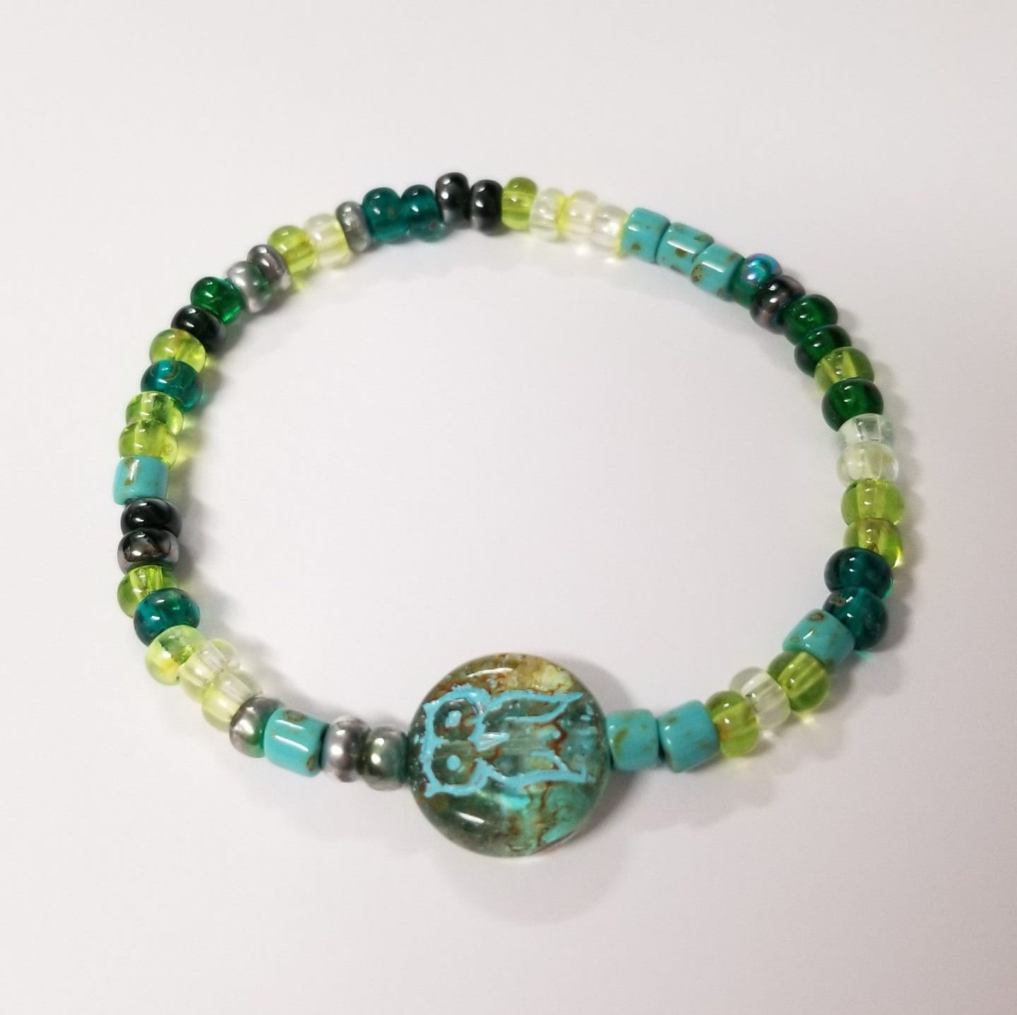 Vintage Green Owl Bracelet/ Premium Czech Beads Bracelet/ Boho Style Bracelet/ Gift for her/ Antique