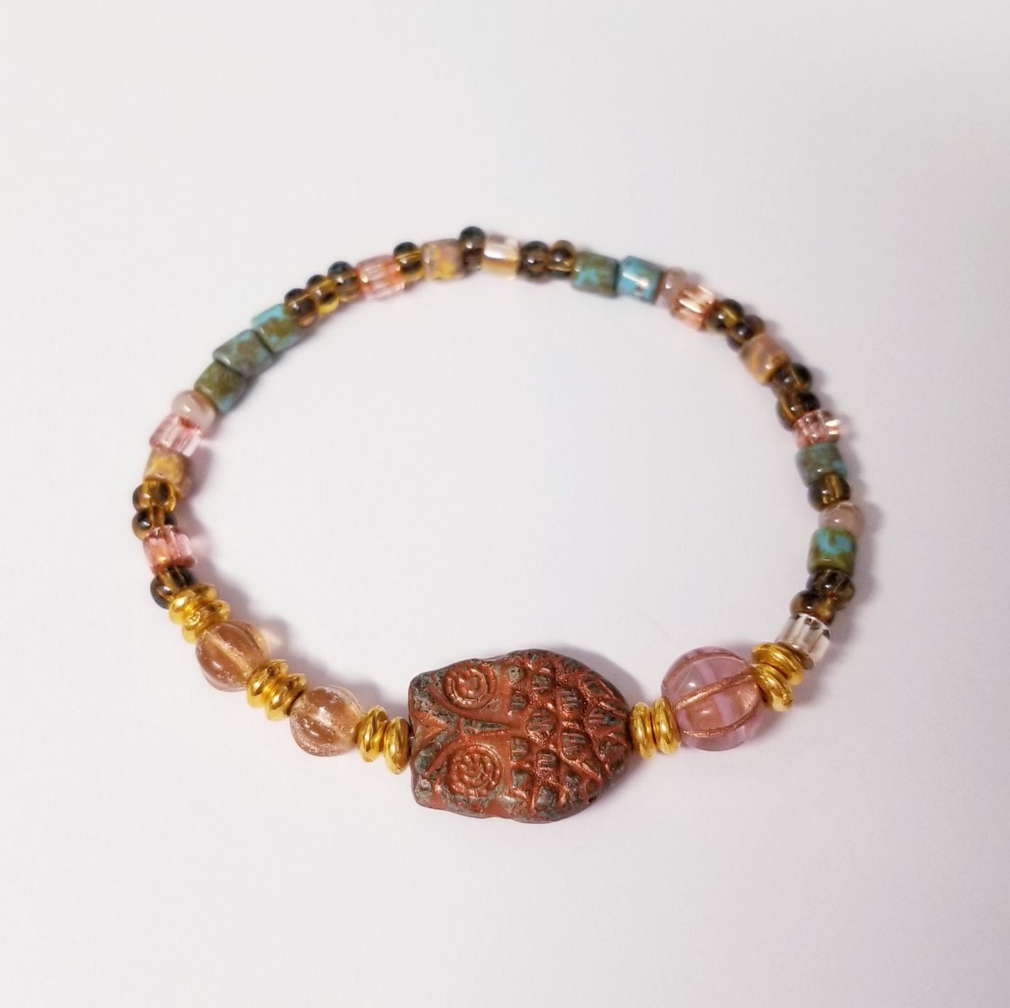 Vintage Copper Owl Bracelet/ Premium Czech Beads Bracelet/ Boho Style Bracelet/ Gift for her/ Antiqu