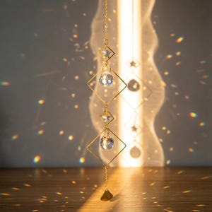 Crystal Suncatcher with Gold Geometric Diamond Frames, Celestial Window Decor, Rainbow Maker Prism, Boho Home Decor, Spiritual Gift for Her