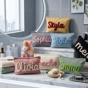 Personalized Chenille Name Makeup Bag | Custom Corduroy Toiletry Pouch | Girls Slumber Party Gift & Summer Travel Bag | Cute Teen Bag