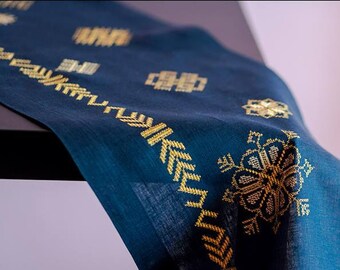Blue linen tablecloth, Embroidery table runner
