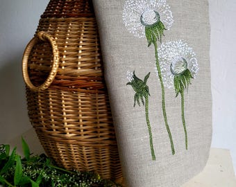 Embroidered Dandelion Linen Tea Towel: Eco Kitchen Decor