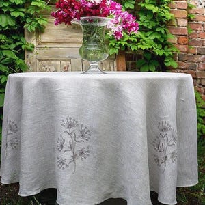 Round linen tablecloth, Summer tablecloth, Floral embroidery fabric table cloths