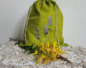 Travel laundry bag, Linen laundry bag, Embroidered travel bag,  Drawstring storage, Lavender embroidery, READY TO SHIP