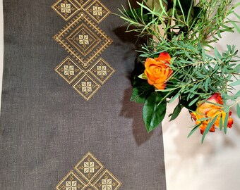 Embroidered Linen Table Runner: Dark Grey Holiday Centerpiece