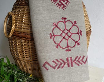 Linen Tea Towel with Ethnic Dandelion Embroidery, European Kitchen Linen
