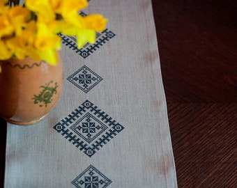 Linen Table Runner: Grey Farmhouse Tablecloth, Embroidered Decor
