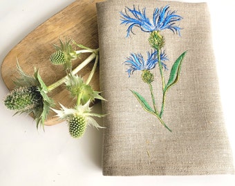 Embroidered Linen Tea Towel, Field Flower Design