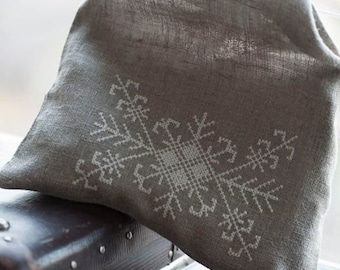 Grey Linen Laundry Bag: Ethnic Cross Stitch Embroidery