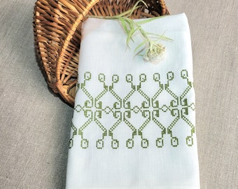 White Linen Tea Towel: Embroidered Farmhouse Style