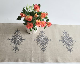 Grey table runner, Linen table cover, Embroidery runner
