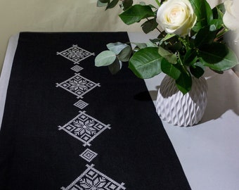 Black Linen Table Runner, Embroidered Latvian Design
