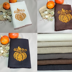 秋のタオル、キッチン刺繍カボチャリネン布巾、ハロウィンタオル、感謝祭タオル