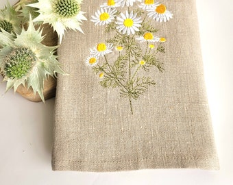 Embroidered Linen Tea Towel: Field Flower Kitchen Decor