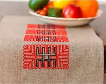 Grey Linen Table Runner, Red Embroidered Tablecloth