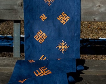 Royal blue tablecloth, Linen Table runner,  Copper embroidery