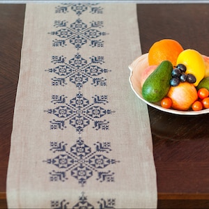 May include: A white linen table runner with a blue embroidered geometric pattern. A white bowl with a variety of fruit, including oranges, apples, grapes, and avocados, is on the table runner.