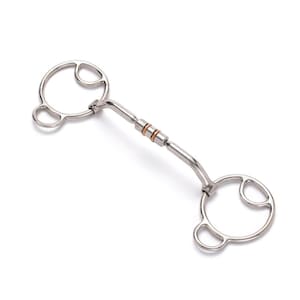 Puede incluir: Un bocado de caballo de metal plateado con dos piezas laterales circulares grandes y anillos integrados más pequeños. La embocadura consiste en una barra recta con una sección central que contiene dos anillos de metal cobrizo.