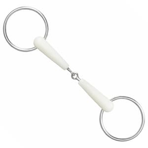 May include: A horse bit featuring a white mouthpiece and two silver rings. The bit is connected by a small metal chain. The white mouthpiece is cylindrical and tapers at each end.