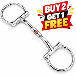 May include: A silver-coloured metal horse bit with two large circular rings and a central mouthpiece featuring two copper-coloured rings. The image includes a red, black, and yellow graphic banner with the text BUY 2 GET 1 FREE.