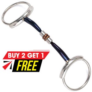 May include: A stainless steel horse bit with a dark blue central section and silver rings. The bit features a central joint with copper-coloured rings. The image includes the text "BUY 2 GET 1 FREE" in red, black, and yellow.