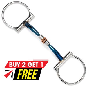 May include: A stainless steel D-ring horse bit with a blue centre and copper accents. The bit has a D-shaped ring on each end and a curved mouthpiece. The image also includes the text "BUY 2 GET 1 FREE".