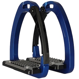 May include: A pair of blue equestrian stirrups featuring a curved metallic frame, a black hinged side arm, and a rectangular footplate with a textured, spiked metal surface for grip. The design includes a secure attachment point at the top.