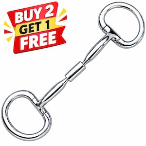 May include: A silver-coloured metal horse bit featuring two circular rings connected by a central jointed mouthpiece. A red and yellow graphic overlay in the upper left corner displays the text BUY 2 GET 1 FREE in bold white capital letters.