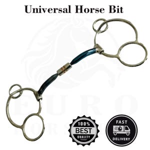 May include: A silver-colored universal horse bit with a dark blue center section and a central joint. The bit has a rounded design with three circular openings on each side. The text "Universal Horse Bit" is at the top.