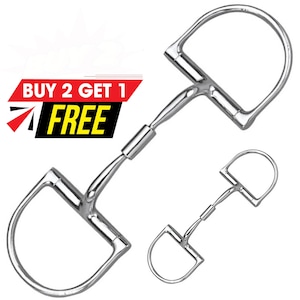 May include: A set of three silver-colored D-ring horse bits. The bits have a D-shaped ring on each side, connected by a central mouthpiece. The image includes the text "BUY 2 GET 1 FREE" in red, black, and yellow.