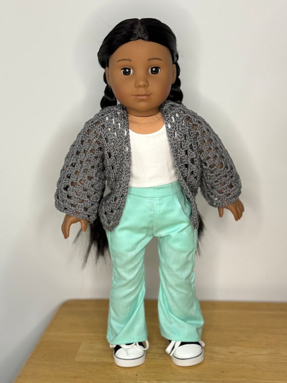 18 Inch doll outfit with gray crocheted cardigan