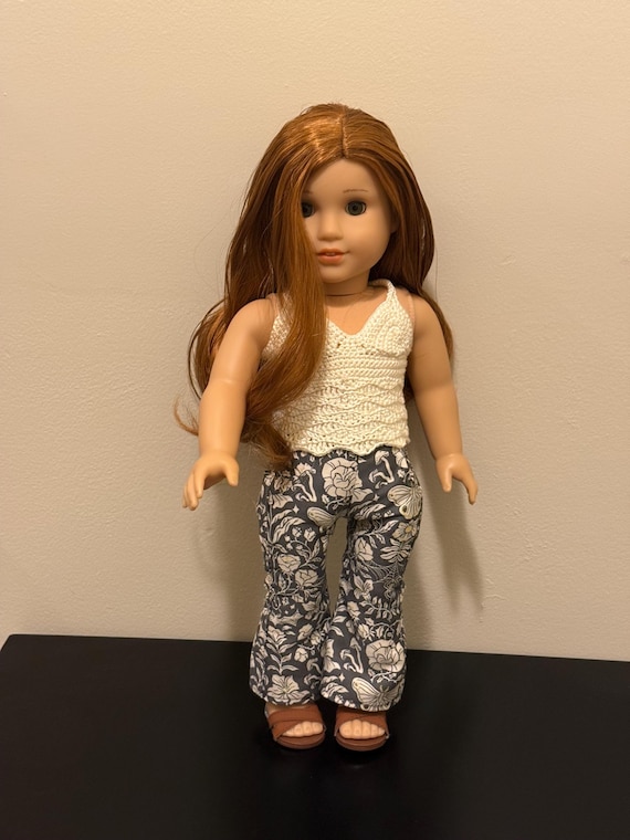 18 inch Doll outfit cream crocheted top with macabre print pants