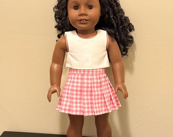 18 Inch Doll Outfit White crop top with pink ginham Pleated Skirt