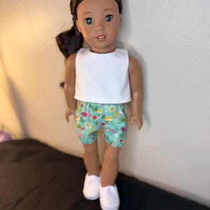 18 inch doll light blue mushroom floral shorts with white tank