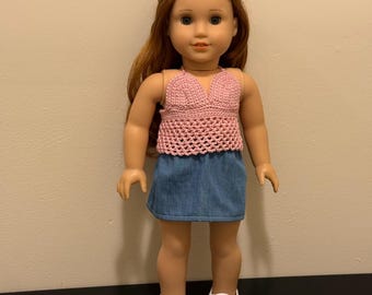 18 inch Doll outfit hand crocheted halter with denim skirt