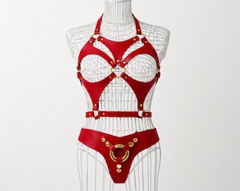 Arnés de cuero con correa, conjunto completo, talla grande, con 3 anillos en O